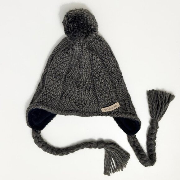 Gray Lined Knit Beanie Hat with Pom-Pom + Side Hanging Braid Tassels by Columbia - Picture 1 of 4